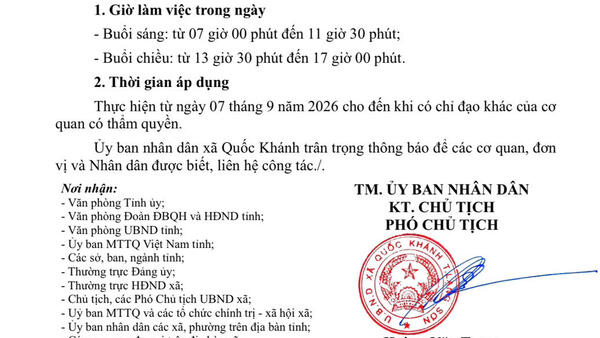 Thông báo Về việc điều chỉnh giờ làm việc trong ngày