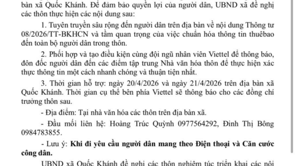 Về việc phối hợp chuẩn hóa thông tin thuê bao di động trên địa bàn xã Quốc Khánh