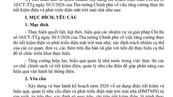 Kế hoạch Thực hiện Chỉ thị số 10/CT-TTg ngày 30/3/2026 của Thủ tướng Chính phủ về việc tăng cường thực thi tiết kiệm điện và phát triển điện mặt trời mái nhà