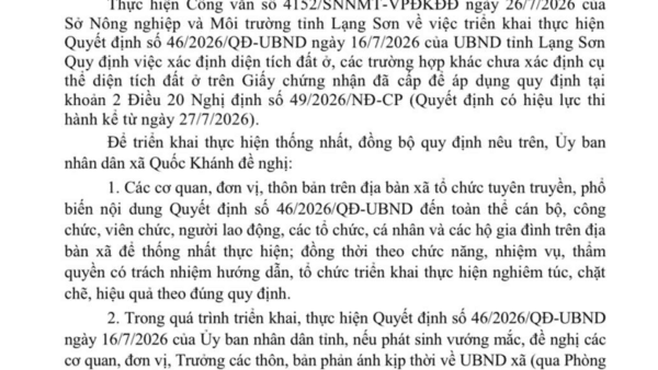 Công văn Về việc tuyên truyền, triển khai thực hiện Quyết định số 46/2026/QĐ- UBND ngày 16/7/2026 của UBND tỉnh Lạng Sơn